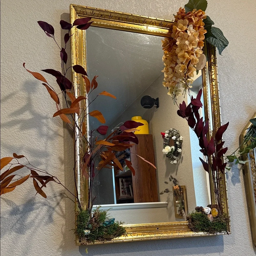 Gold Framed Wall Mirror with Floral Accents